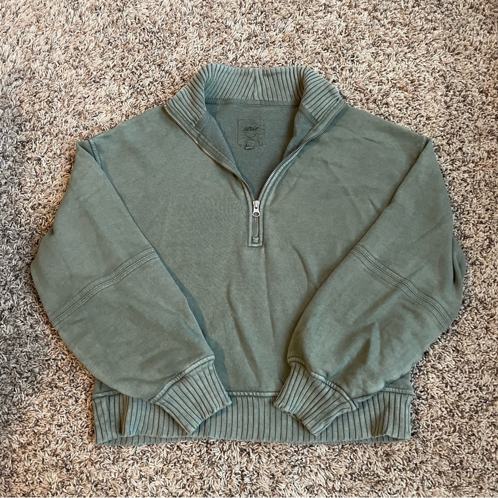 Aerie Olive Ribbed Quarter Zip Pullover Sweater